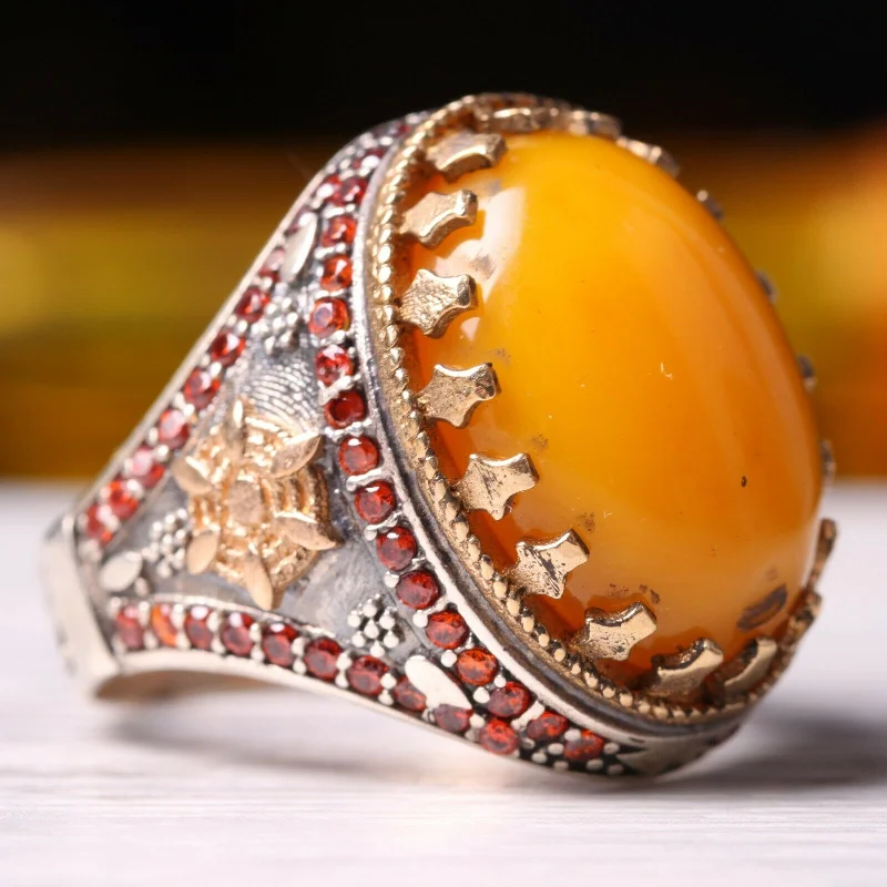 925 Sterling Silver Agate and Citrine Stone Mens Ring