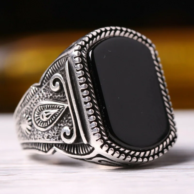 925 Sterling Silver Antique Black Onyx Stone Mens Ring