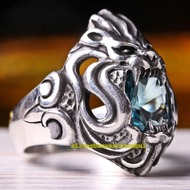 925 Sterling Silver Aquamarine Stone Angry King Lion Mens Ring