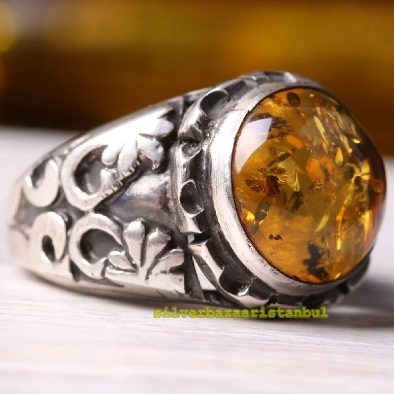 925 Sterling Silver Authentic Natural Yellow Amber Stone Mens Ring