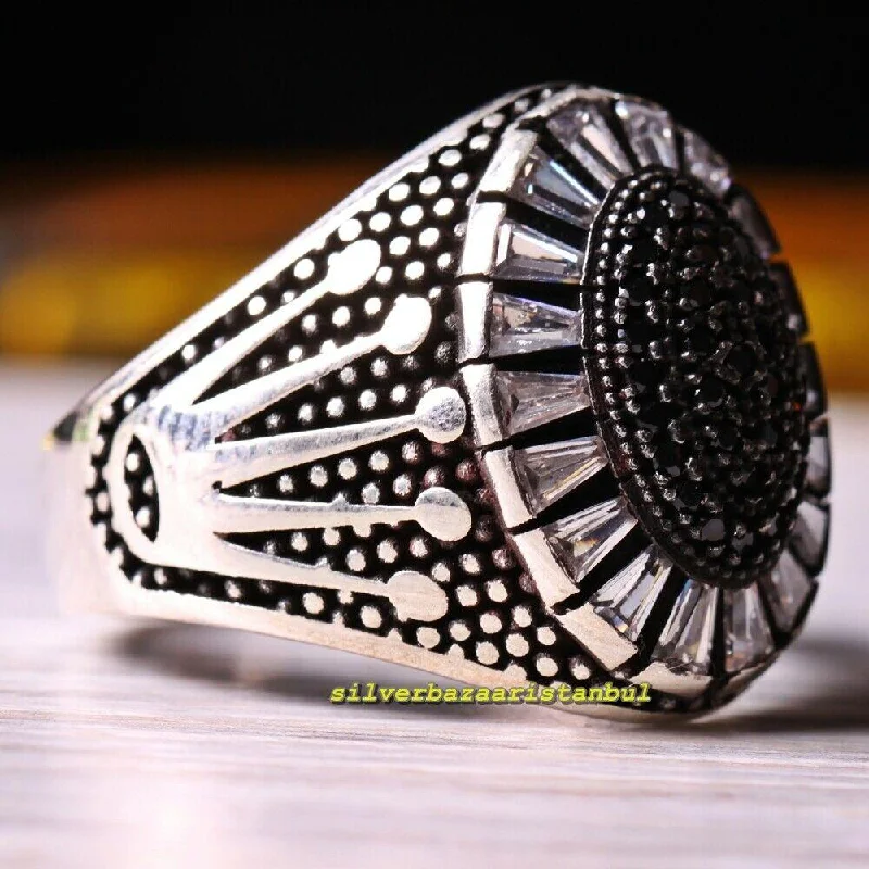 925 Sterling Silver Black Onyx and White Zircon Stone Crown Mens Ring