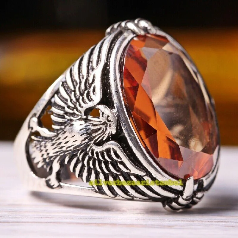 925 Sterling Silver  Citrine Stone Luxury Eagle Mens Ring