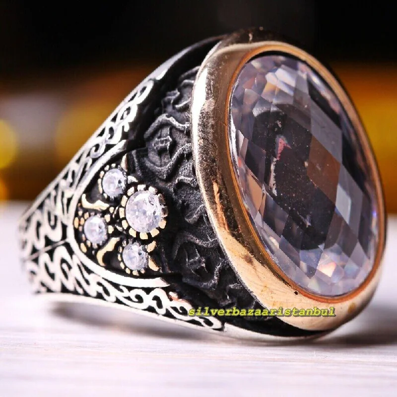 925 Sterling Silver CZ White Zircon Stone Mens Ring