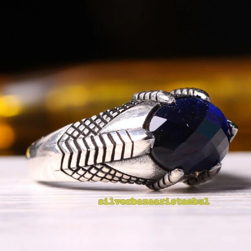 925 Sterling Silver Eagle Claw Sapphire Stone Mens Ring