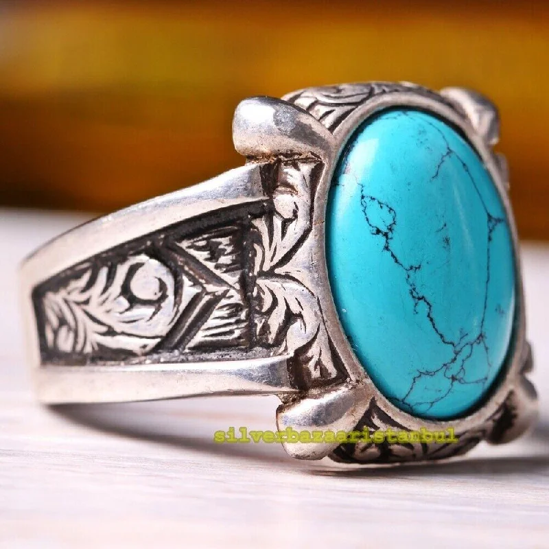 925 Sterling Silver Eagle Claw Turquoise Stone Mens Ring