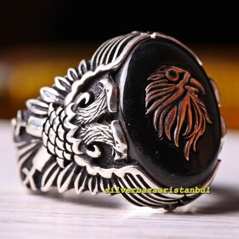 925 Sterling Silver Exclusive Eagle Symbol Onyx Stone Mens Ring