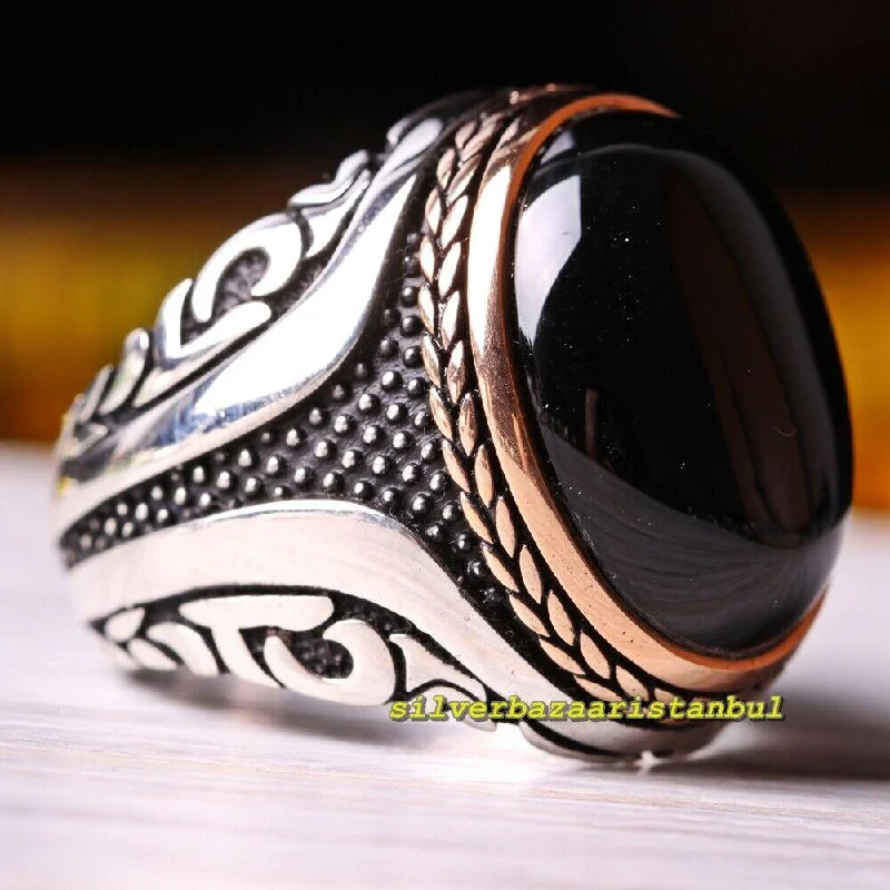 925 Sterling Silver Exclusive Natural Black Onyx Stone Mens Ring