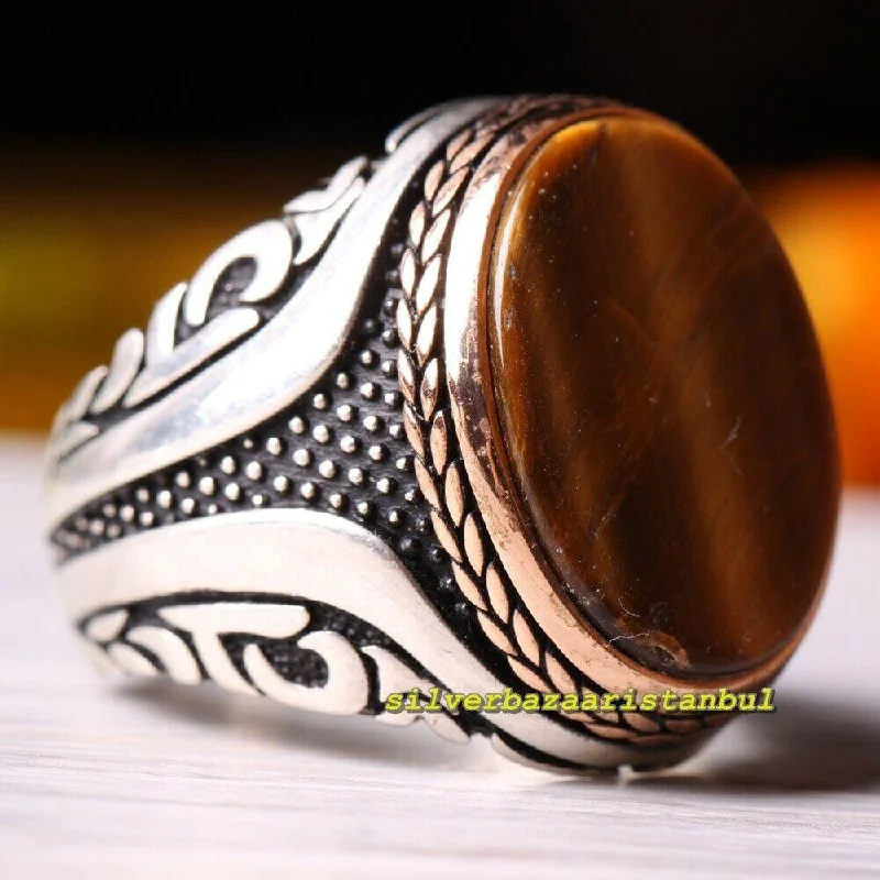 925 Sterling Silver Exclusive Natural Tigers Eye Stone Mens Ring