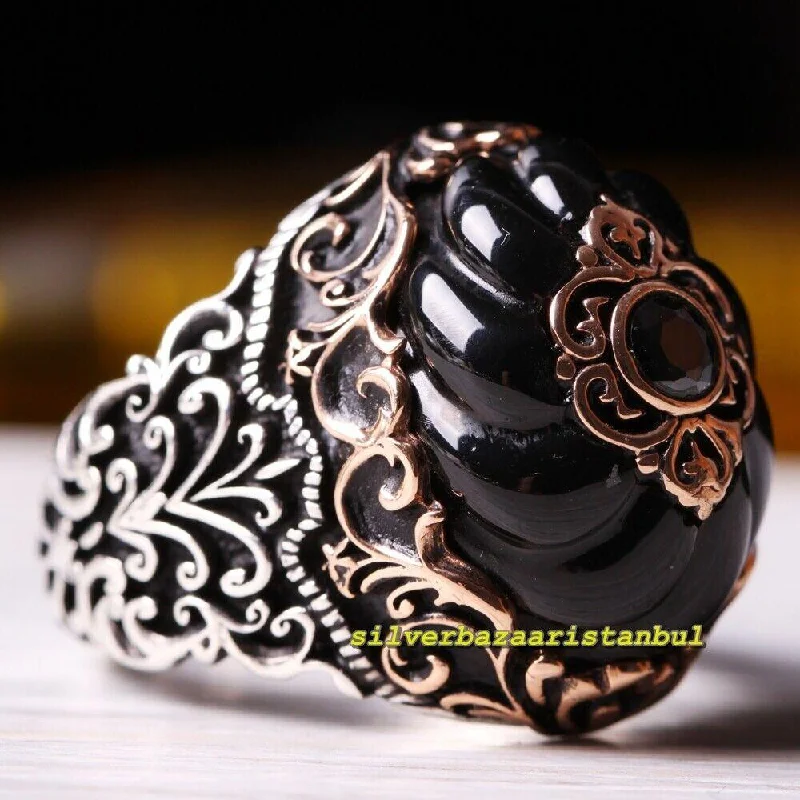 925 Sterling Silver Exclusive Tightening Black Onyx Mens Ring