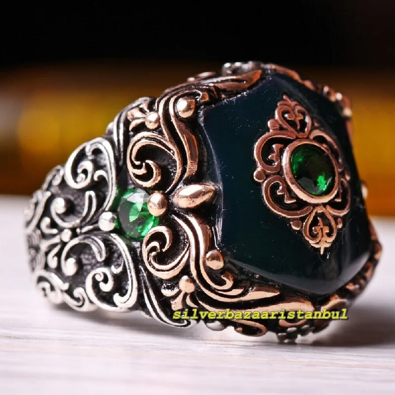 925 Sterling Silver Exclusive Tightening Emerald Mens Ring