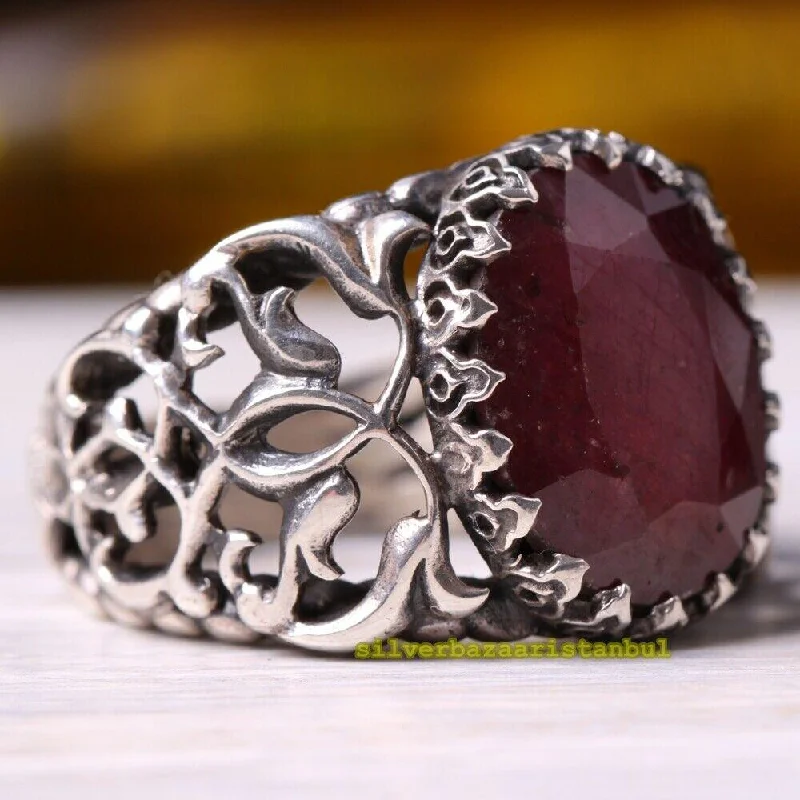 925 Sterling Silver Facet Cut Natural Ruby Red Stone Mens Ring