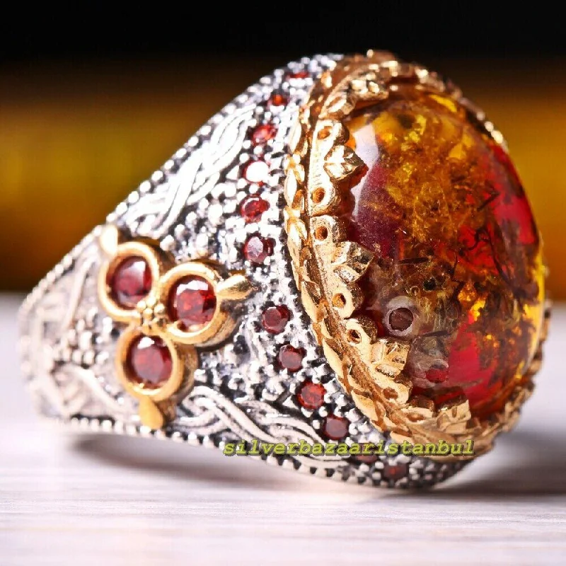 925 Sterling Silver Fossil Amber and Orange Citrine Stone Mens Ring