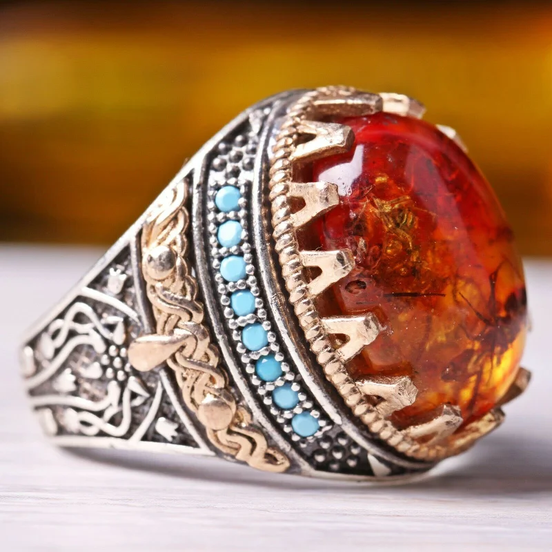 925 Sterling Silver Fossil Amber and Turquoise Stone Luxury Mens Ring