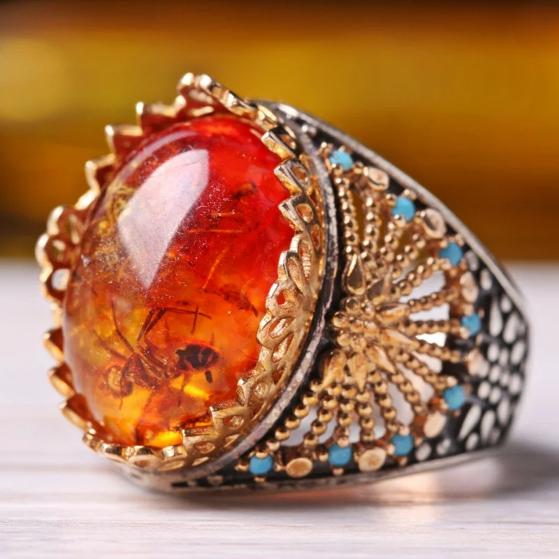 925 Sterling Silver Fossil Amber and Turquoise Stone Mens Ring