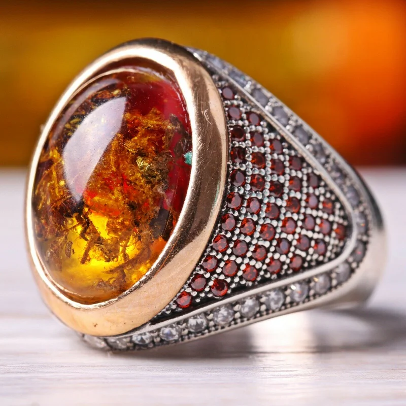 925 Sterling Silver Fossil Amber and Zircon Stone Mens Ring