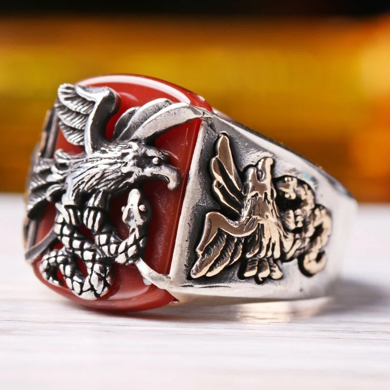 925 Sterling Silver Freedom Eagle Style Agate Aqeeq Stone Mens Ring