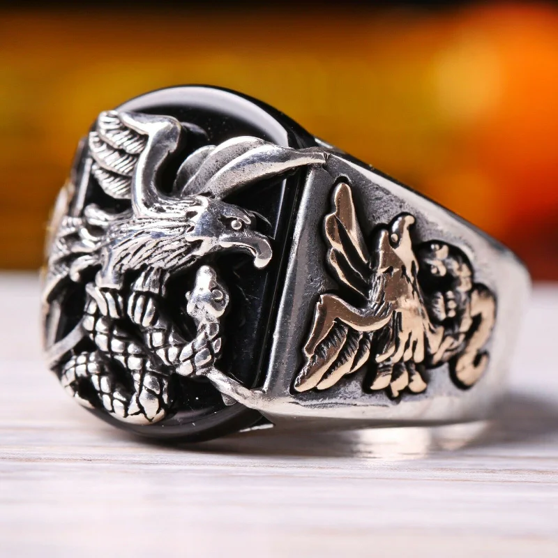 925 Sterling Silver Freedom Eagle Style Onyx Stone Mens Ring