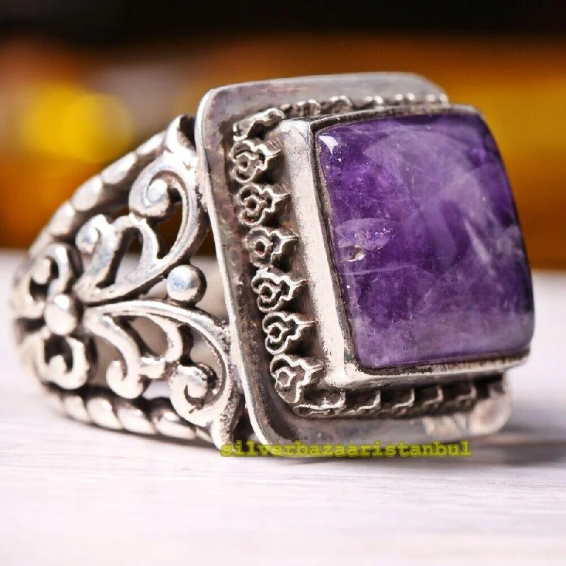 925 Sterling Silver Full Natural Amethyst Stone Mens Ring