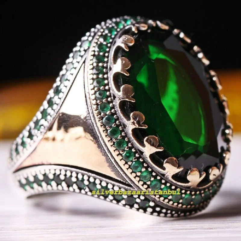 925 Sterling Silver Full Small Emerald Stone Mens Ring