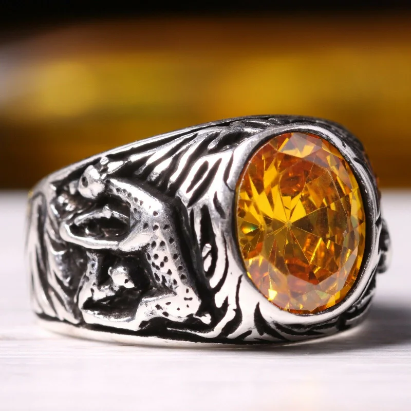 925 Sterling Silver Gazelle Style Yellow Citrine Stone Mens Ring