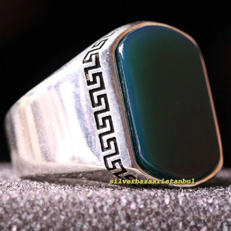 925 Sterling Silver Green Emerald Stone Key Design Mens Ring