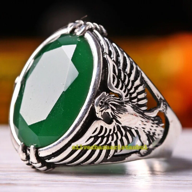 925 Sterling Silver Green Emerald Stone Luxury Eagle Mens Ring