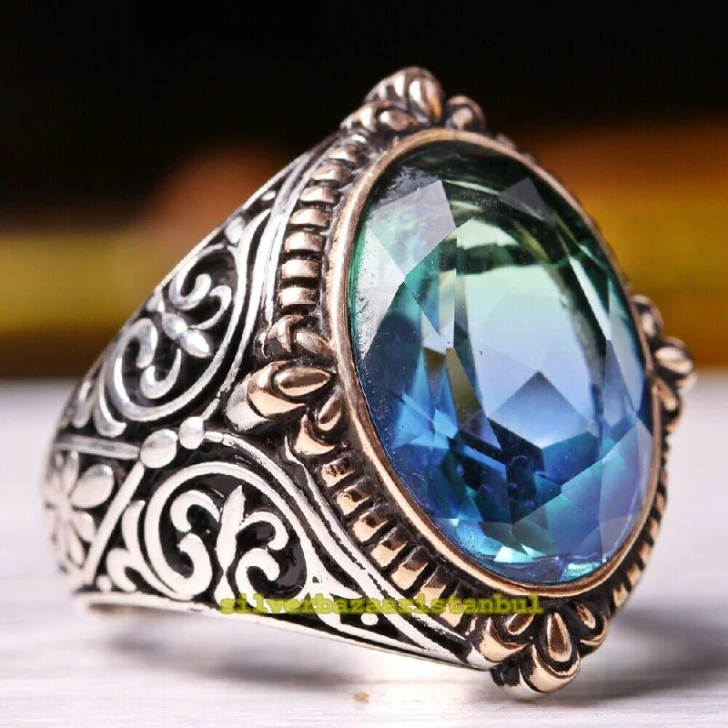 925 Sterling Silver Handmade Light Color Tourmaline Stone Mens Ring