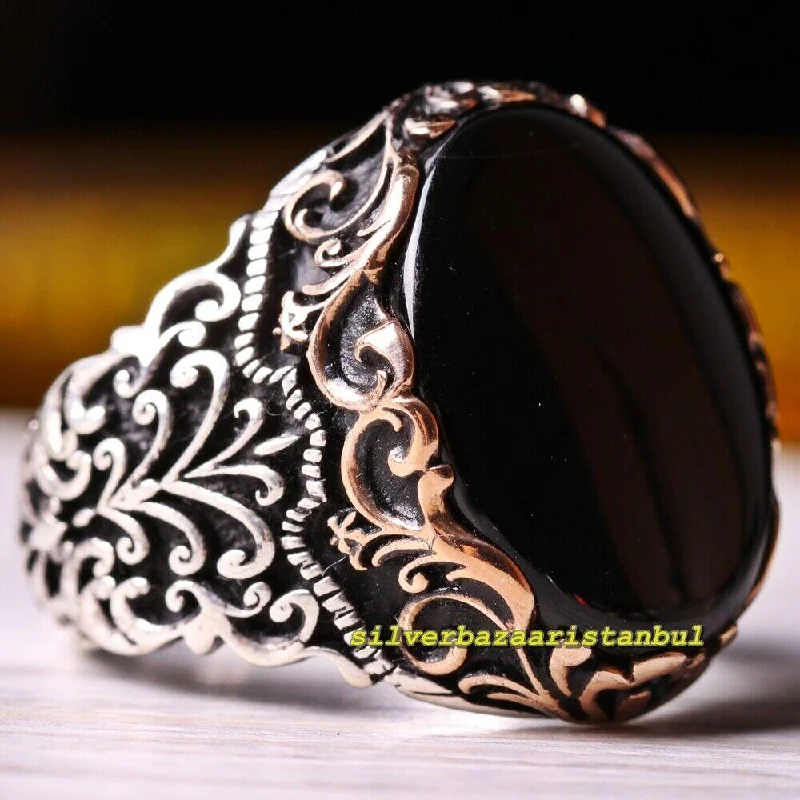 925 Sterling Silver High Quality Natural Onyx Stone Mens Ring