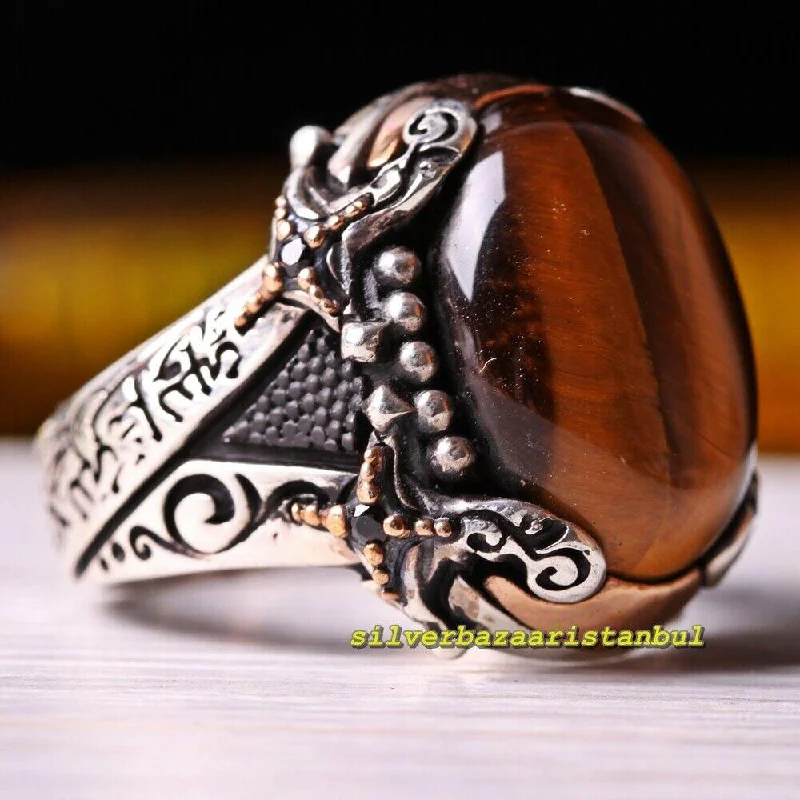 925 Sterling Silver Islamic Natural Brown Tigers Eye Stone Mens Ring