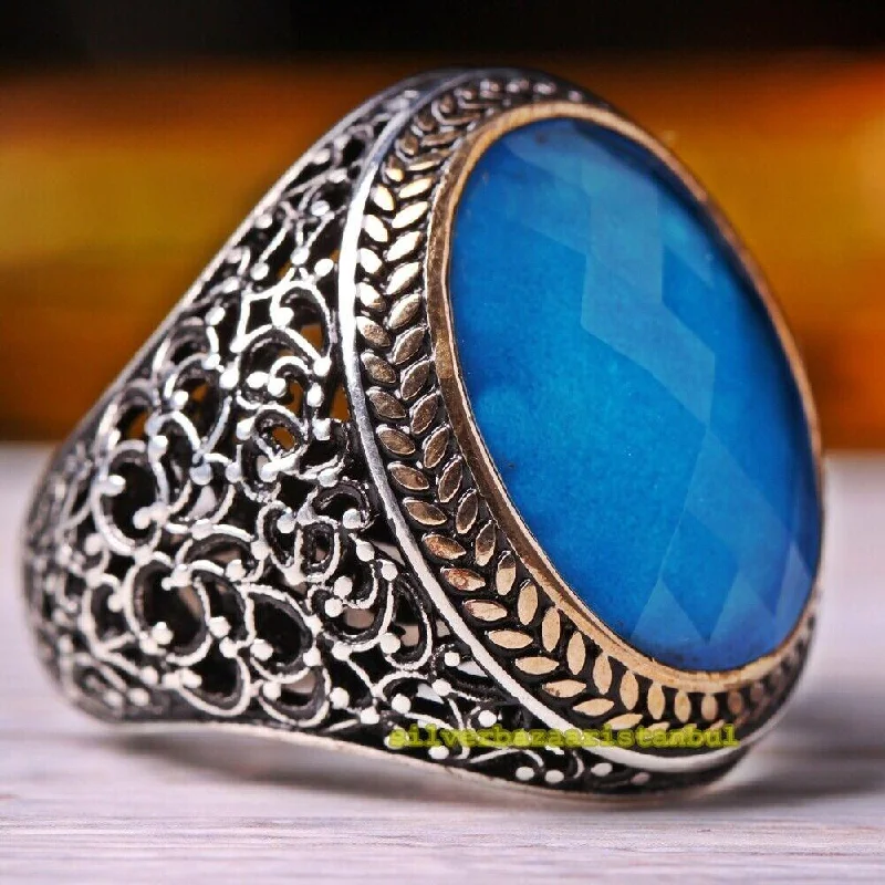 925 Sterling Silver King Aquamarine Stone Mens Ring