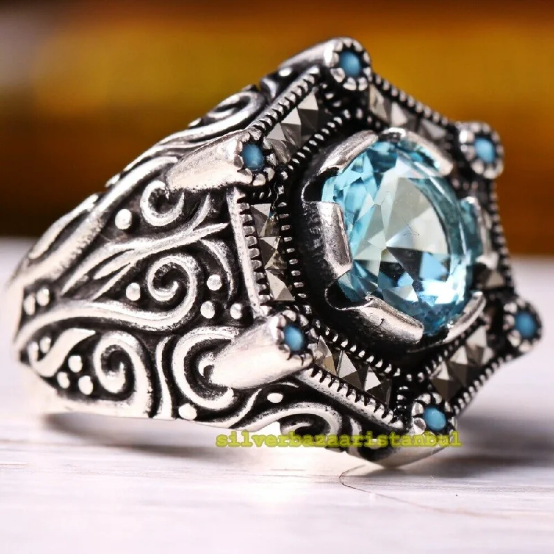 925 Sterling Silver Light Color Aquamarine and Turquoise Mens Ring