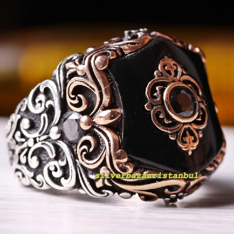 925 Sterling Silver Natural Heavy Onyx Stone Mens Ring