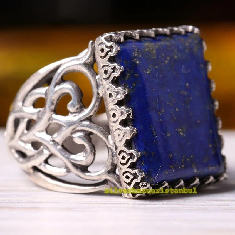 925 Sterling Silver Natural Lapis Stone Luxury Mens Ring