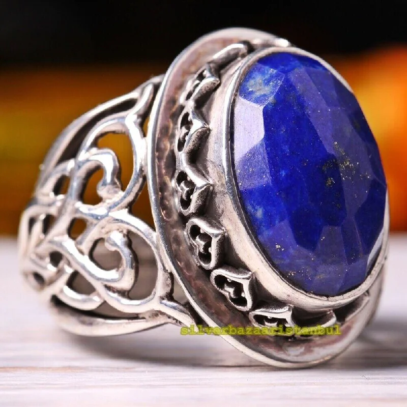 925 Sterling Silver Natural Lapis Stone Luxury Mens Ring