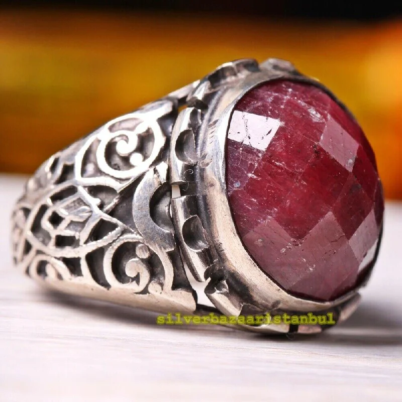 925 Sterling Silver Natural Ruby Stone Mens Ring