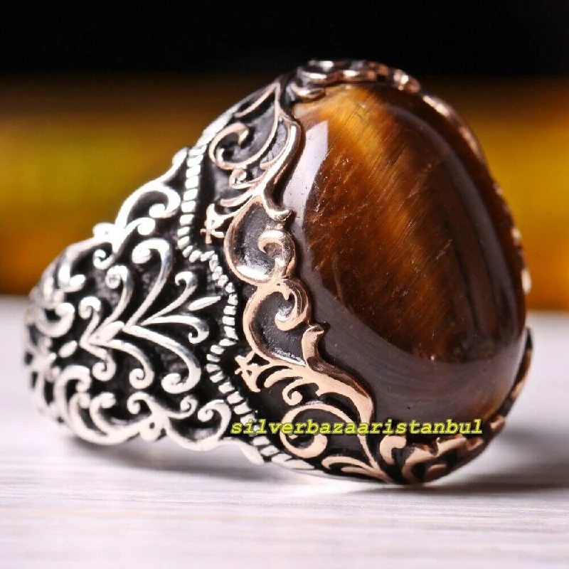 925 Sterling Silver Natural Tigers Eye Stone Mens Ring