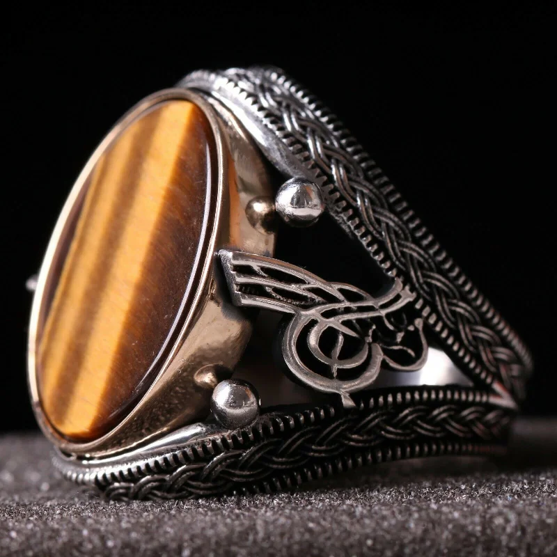 925 Sterling Silver Natural Tigers Eye Stone Ottoman Mens Ring