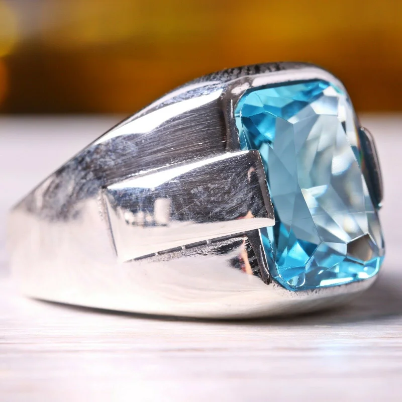 925 Sterling Silver New Luxury Aquamarine Stone Mens Ring