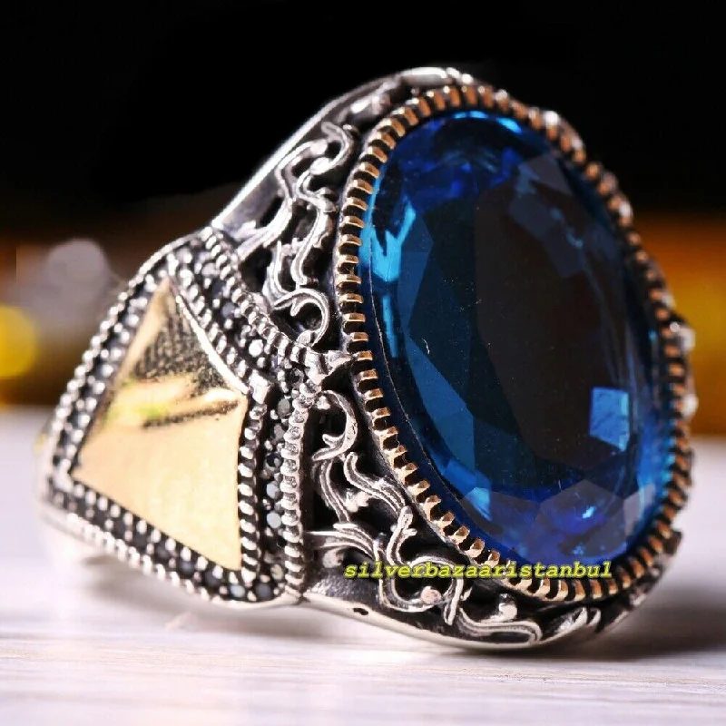 925 Sterling Silver Onyx and Aquamarine Multi Stone Mens Ring