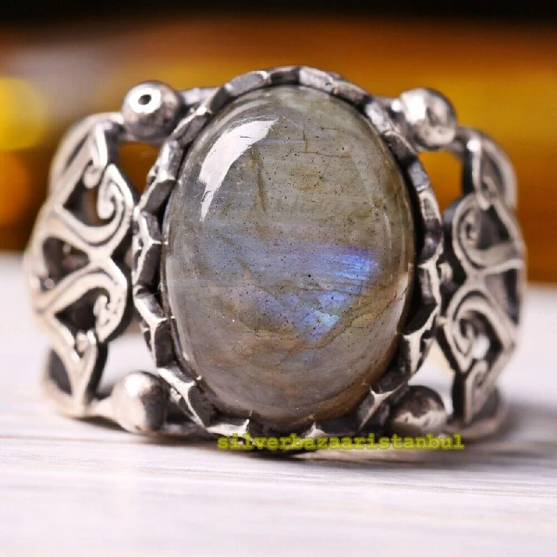 925 Sterling Silver Original Natural Labradorite Stone Mens Ring