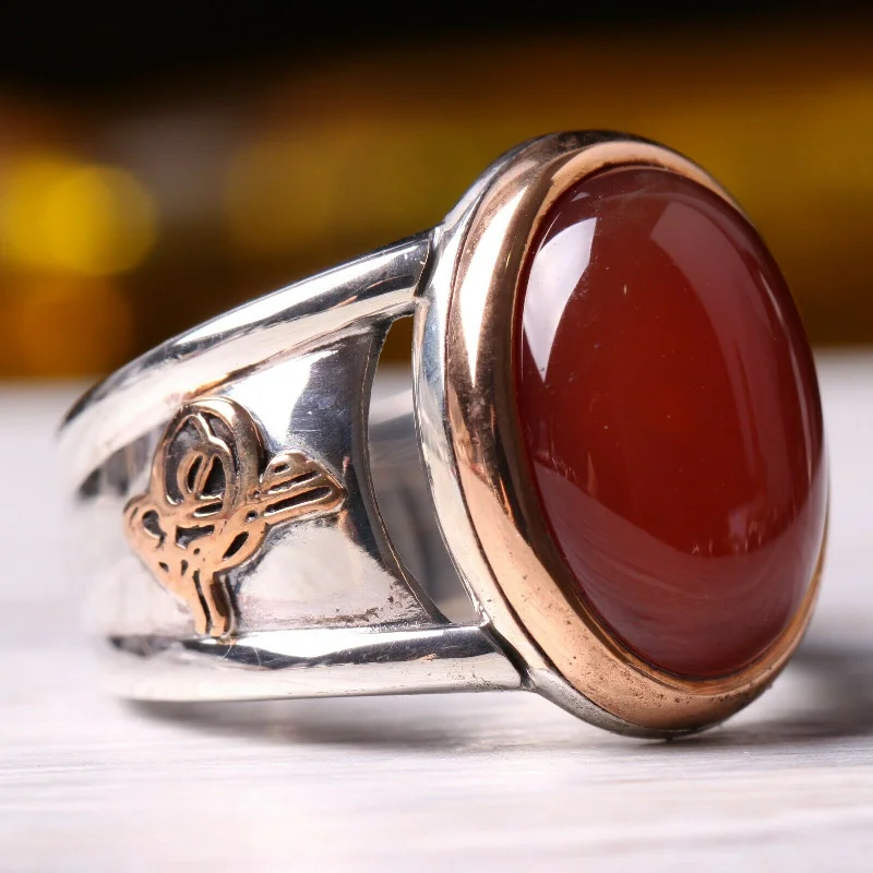 925 Sterling Silver Ottaman Agate Aqeeq Stone Mens Ring