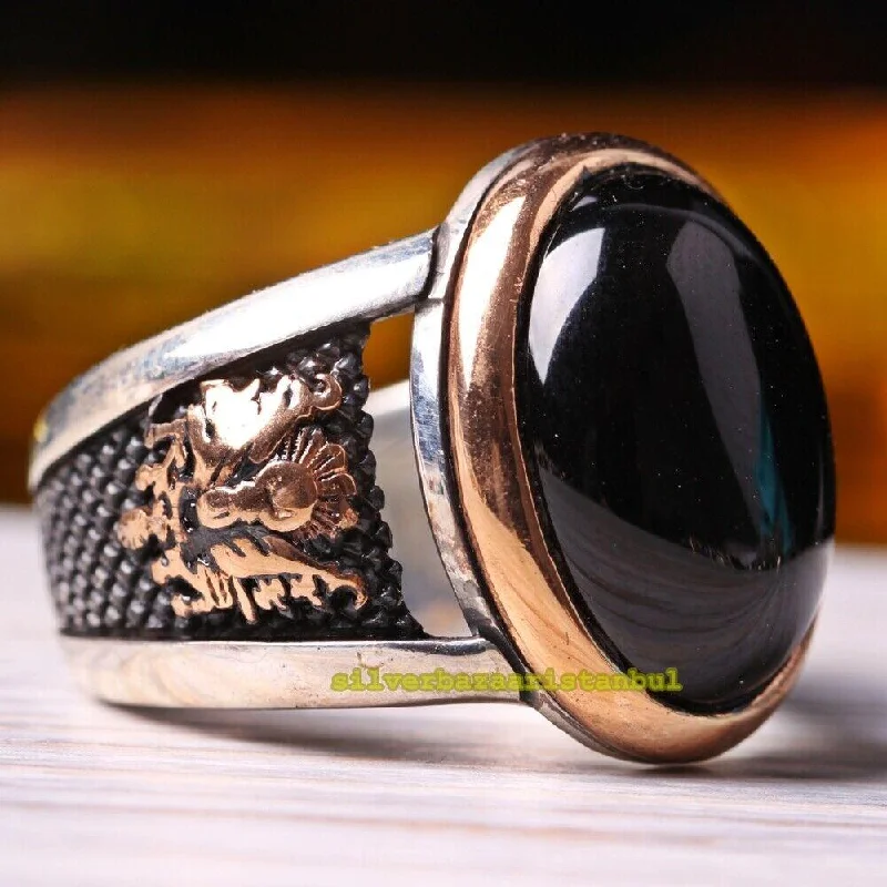 925 Sterling Silver Ottoman Black Onyx Stone Heavy Mens Ring