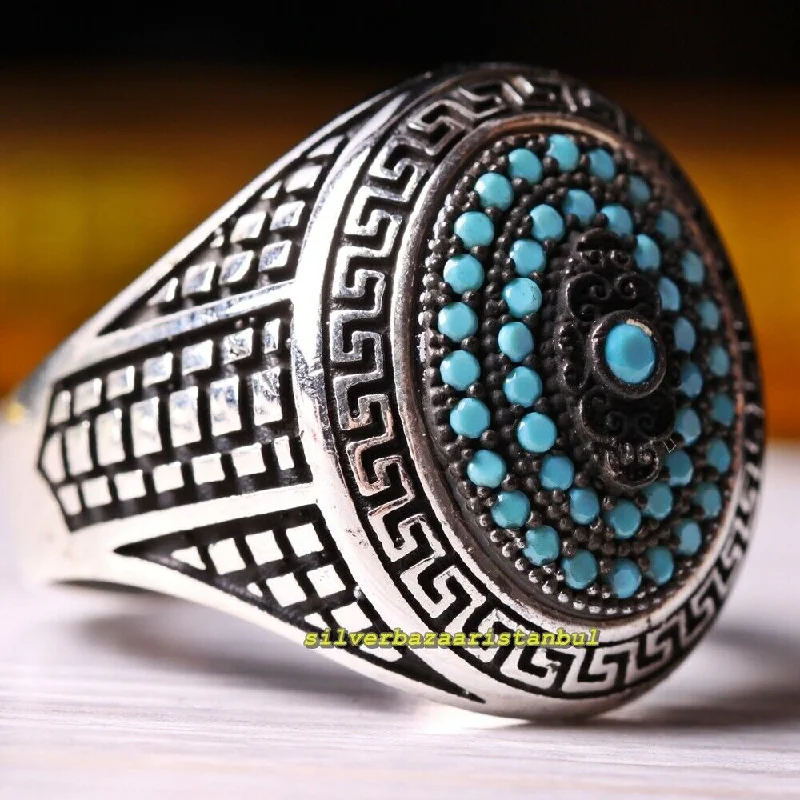 925 Sterling Silver Oval Micro Turquoise Stone Mens Ring