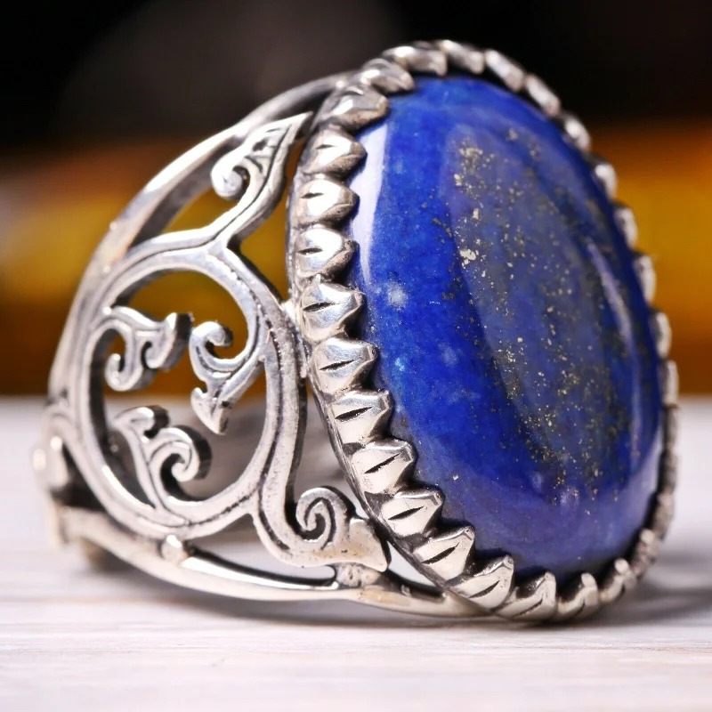 925 Sterling Silver Oval Natural Lapis Stone Luxury Mens Ring