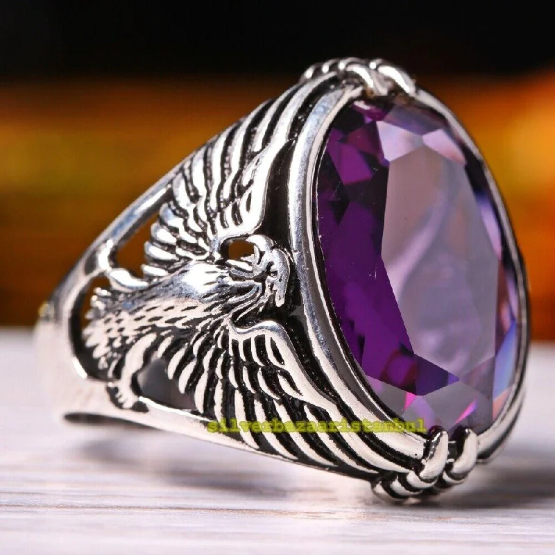 925 Sterling Silver Purple Amethyst Stone Luxury Eagle Mens Ring