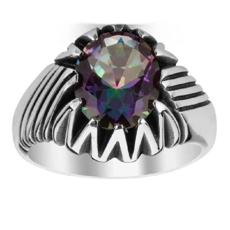 925 Sterling Silver Rainbow Mystic Topaz Stone Luxury Mens Ring