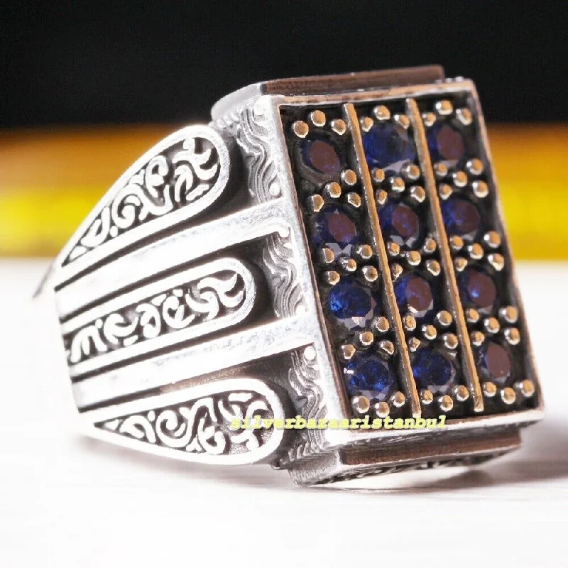 925 Sterling Silver Rectangle Shape Blue Sapphire Stone Mens Ring