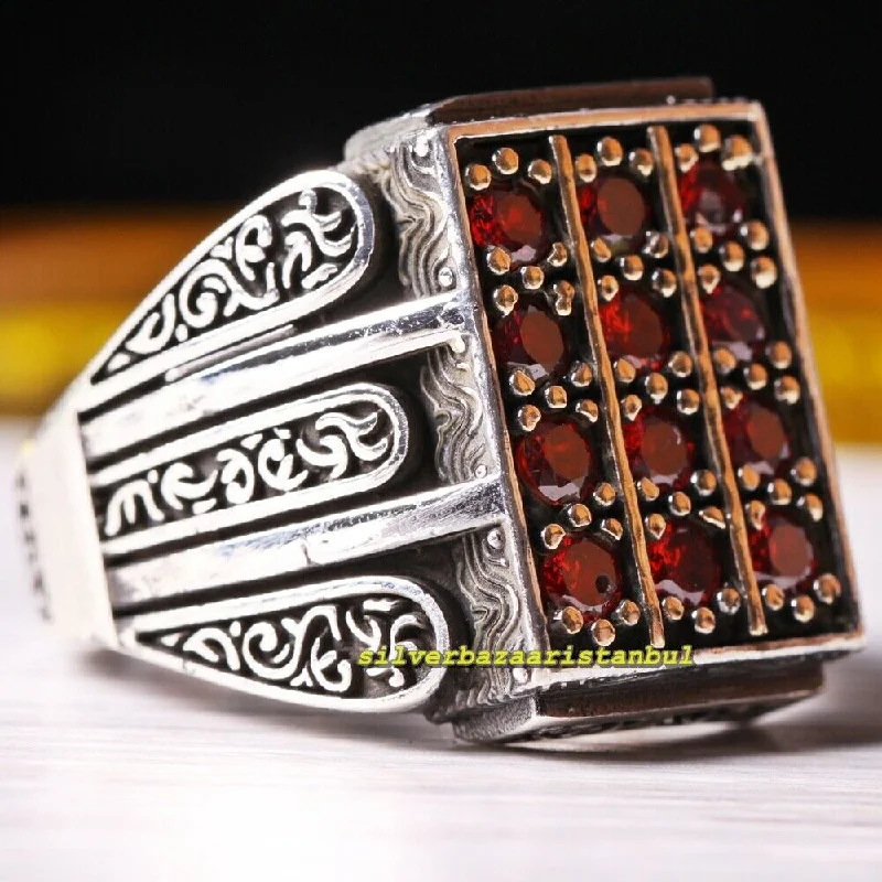 925 Sterling Silver Rectangle Shape Red Ruby Stone Mens Ring