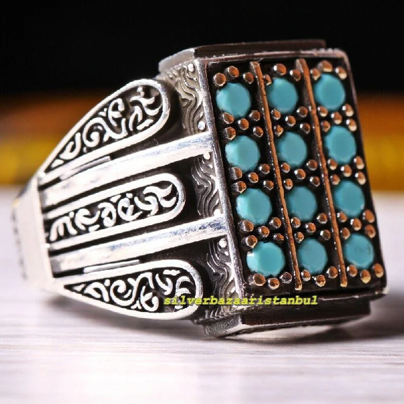 925 Sterling Silver Rectangle Shape Turquoise Stone Mens Ring