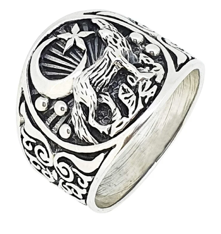 Sterling Silver Howling Wolf And Crescent Moon Ring For Men and Women